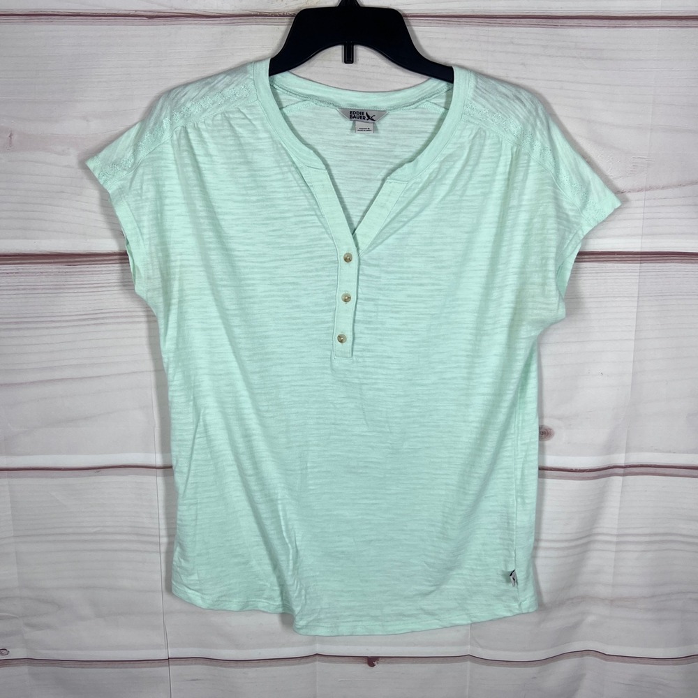 Eddie Bauer Top Women Small Green Henley Short Sleeve Slub Knit Embroidered Trim